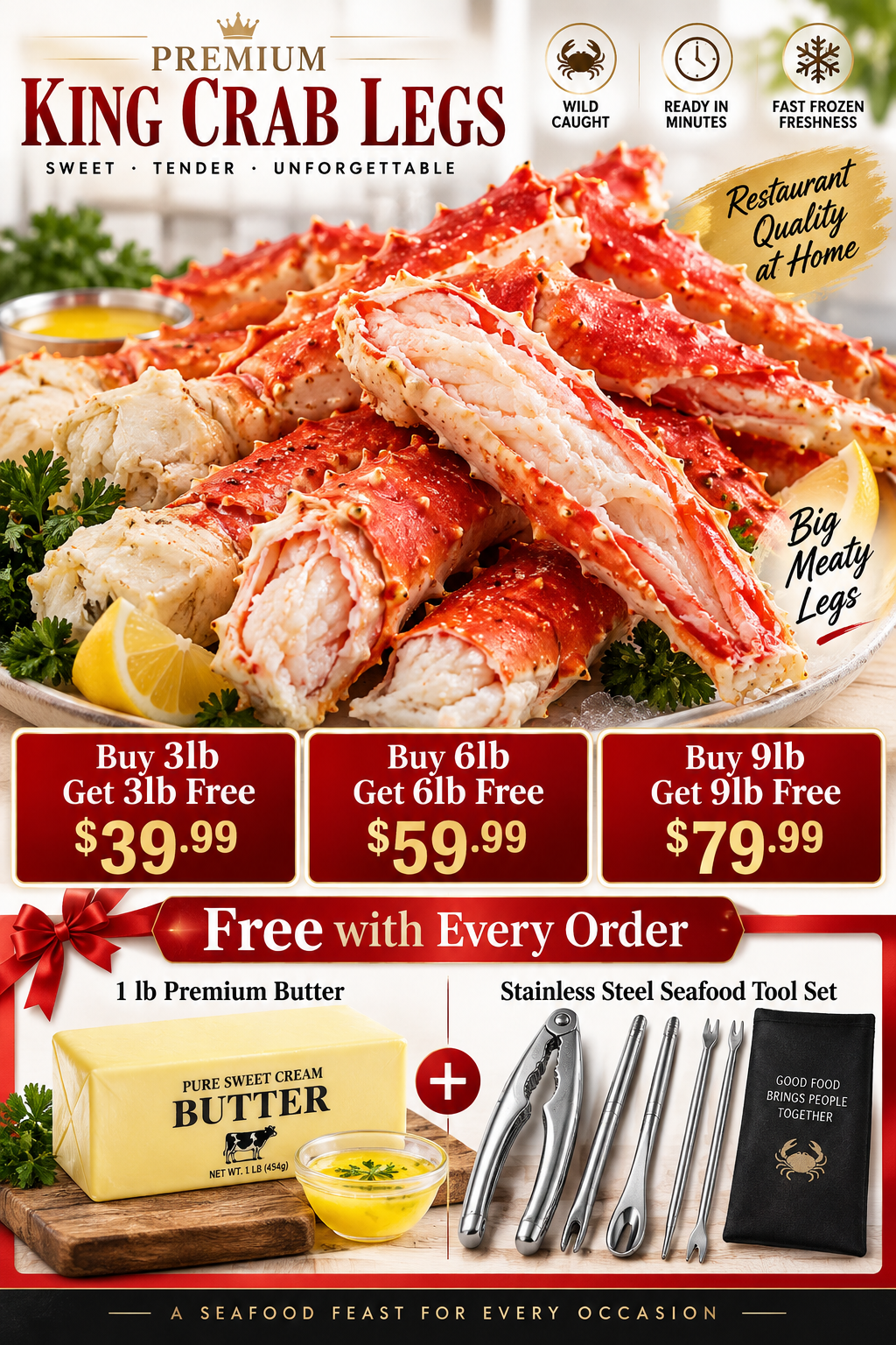 🦀 Wild Caught King Crab Legs — Jumbo Size, Sweet Tender Meat, Ready in Minutes